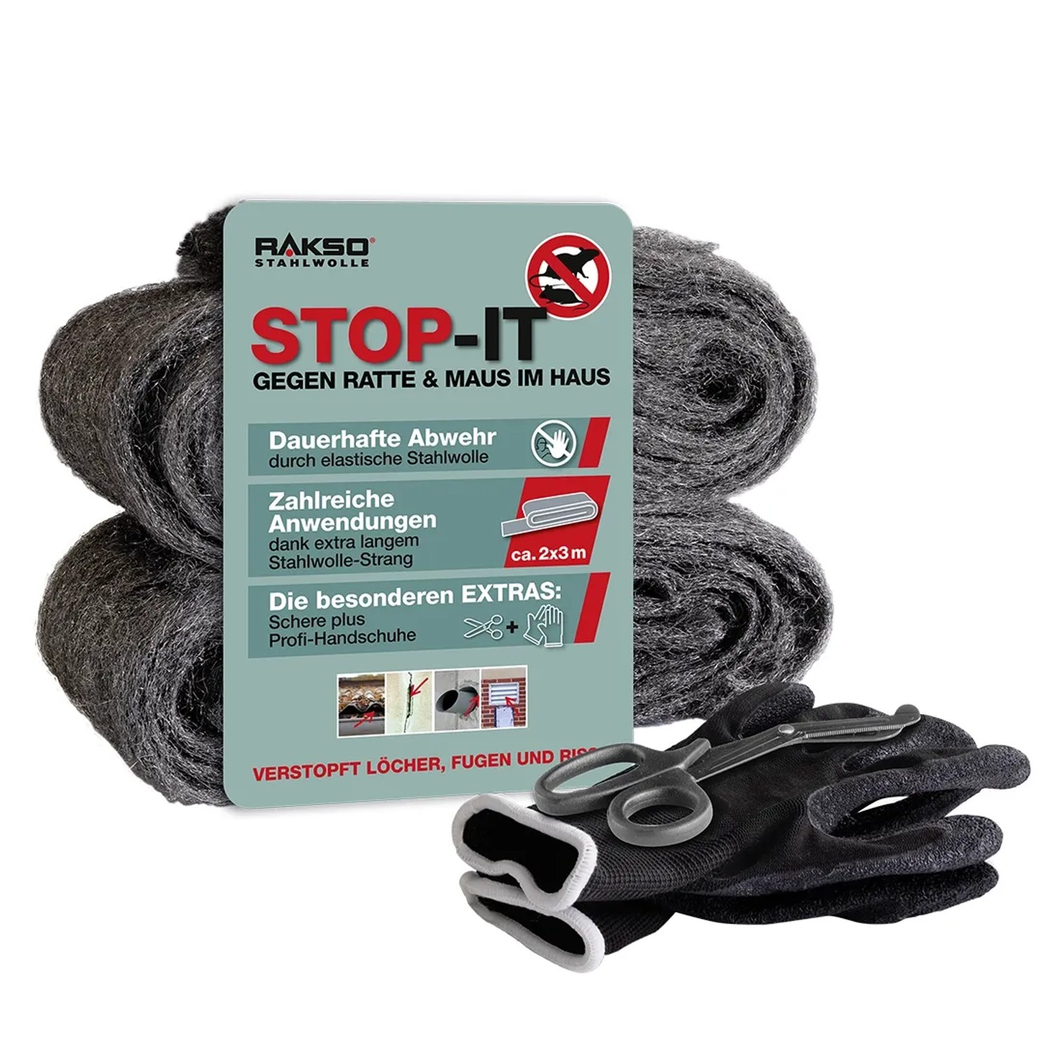 RAKSO Ratten- & Mäuseabwehr Stop-it Stahlwolle Handschuhe  Schere