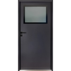 Anthrazitfarbene Pordo Stahl-Nebeneingangstür G2 mit Glasausschnitt und Drückergarnitur, Anschlag links.
