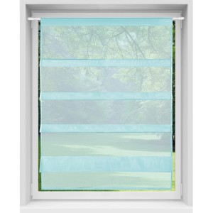 Türkis Bistrogardine mit Raffoptik und Stangendurchzug im Fenster.