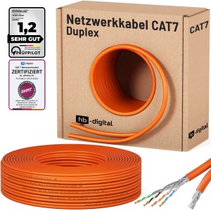 Orangefarbenes hb-digital CAT 7 Duplex Ethernetkabel (25m) auf Rolle und in Verpackung.