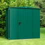 Moosgrünes Ecostar Gerätehaus Trend mit Satteldach und Einzeltür im Garten.