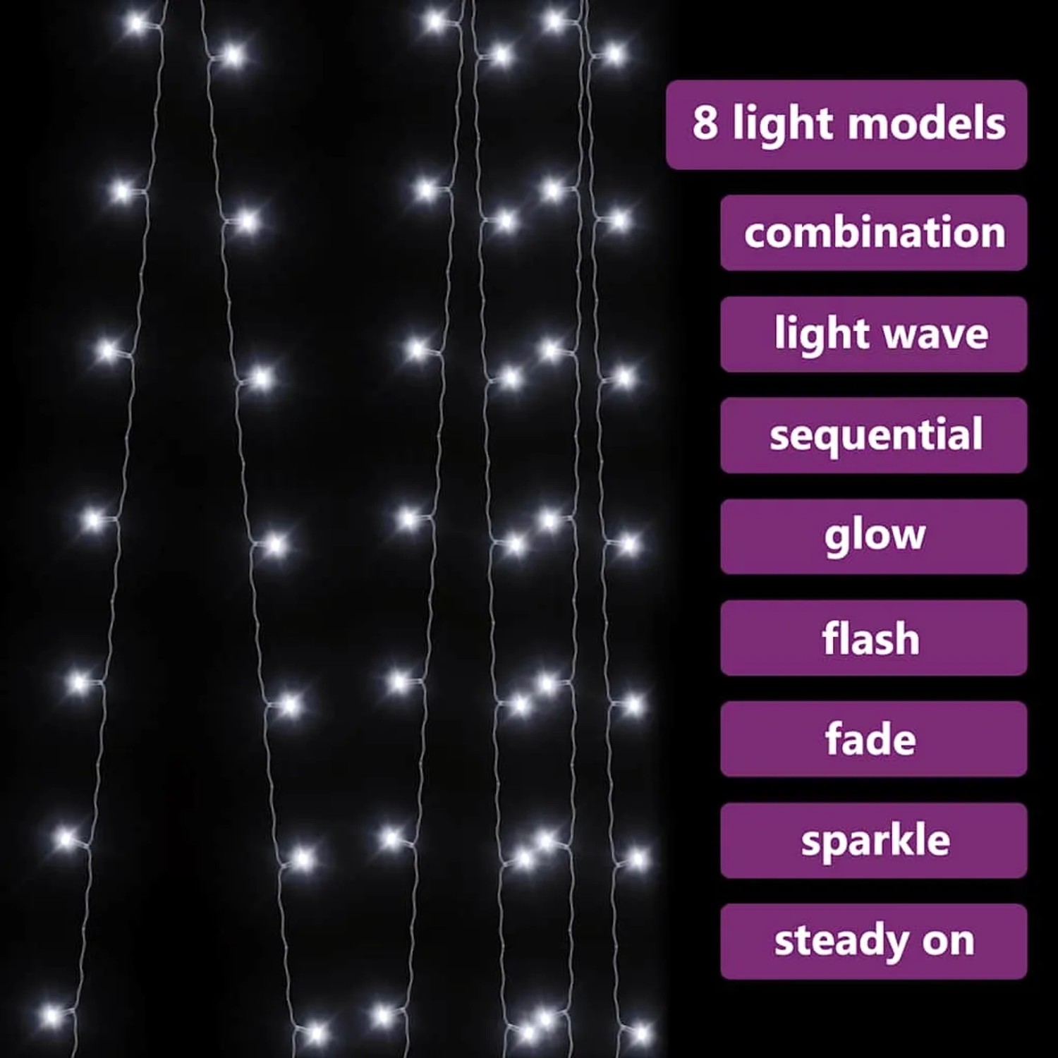 vidaXL LED-Lichtervorhang mit 300 leuchtenden, kaltweißen LEDs. Zeigt 8 Lichtmodi für festliche Weihnachtsdekoration.
