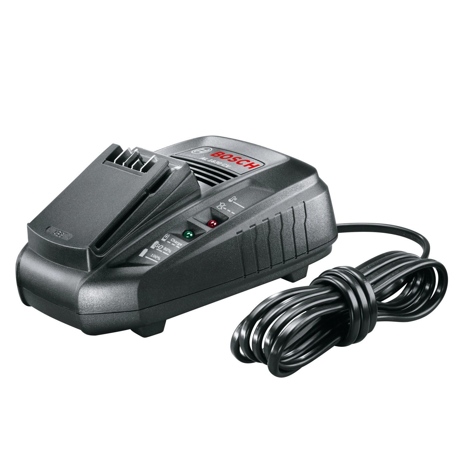 Ladegerät für Bosch 18 V Akku-Bohrhammer Uneo Maxx. Schwarz mit Ladeanzeige.