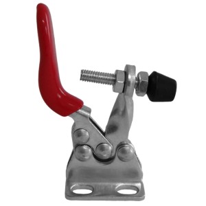 SOTECH Kniehebelspanner mit rotem Griff, verzinktem Stahl und 27 kg Haltekraft für Werkstücke.