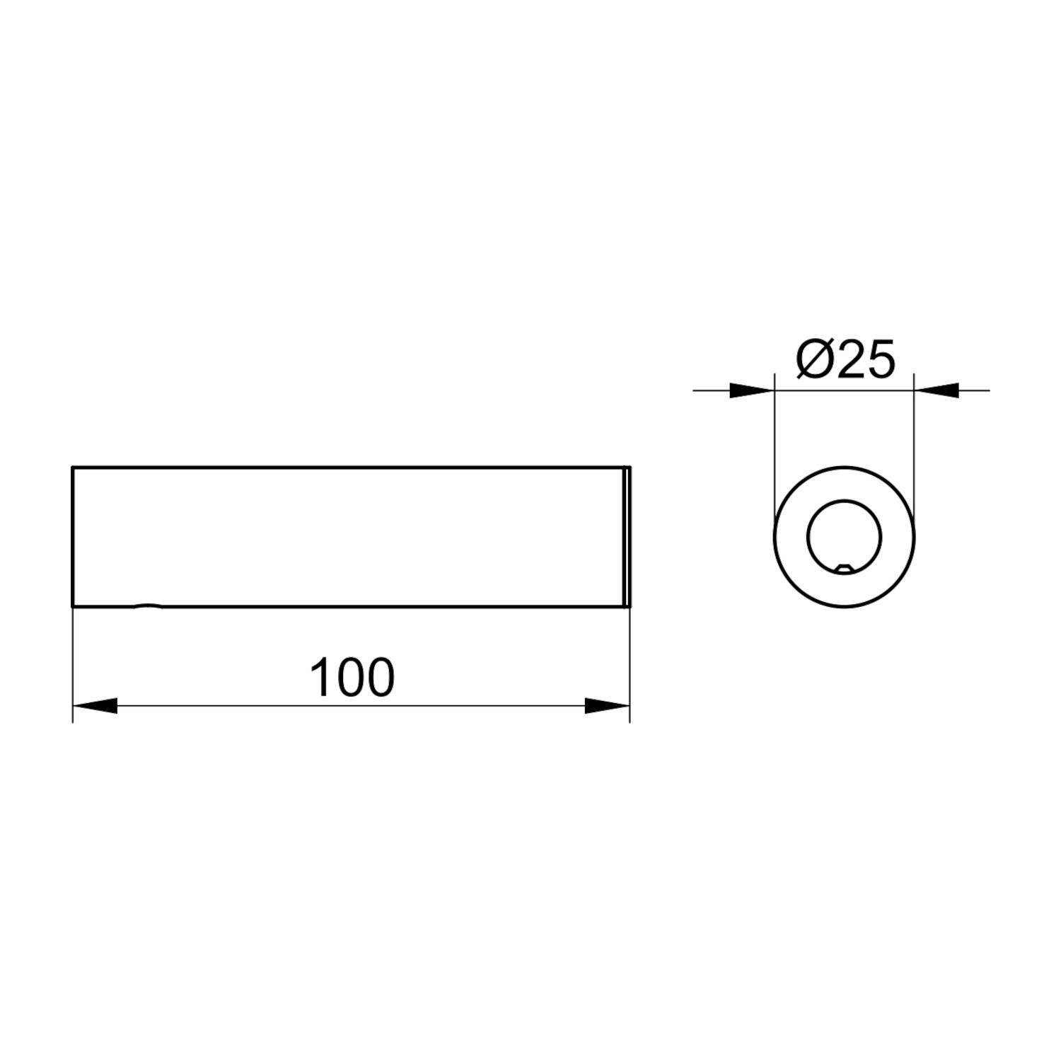Technische Zeichnung: Keuco Reva Black Selection Ersatzrollenhalter, Maße 2,5 x 2,5 x 10 cm.