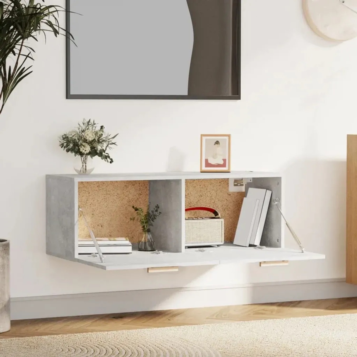 Betongrauer Wandschrank (100x36,5x35 cm) aus Holzwerkstoff, ideal als Büroschrank.