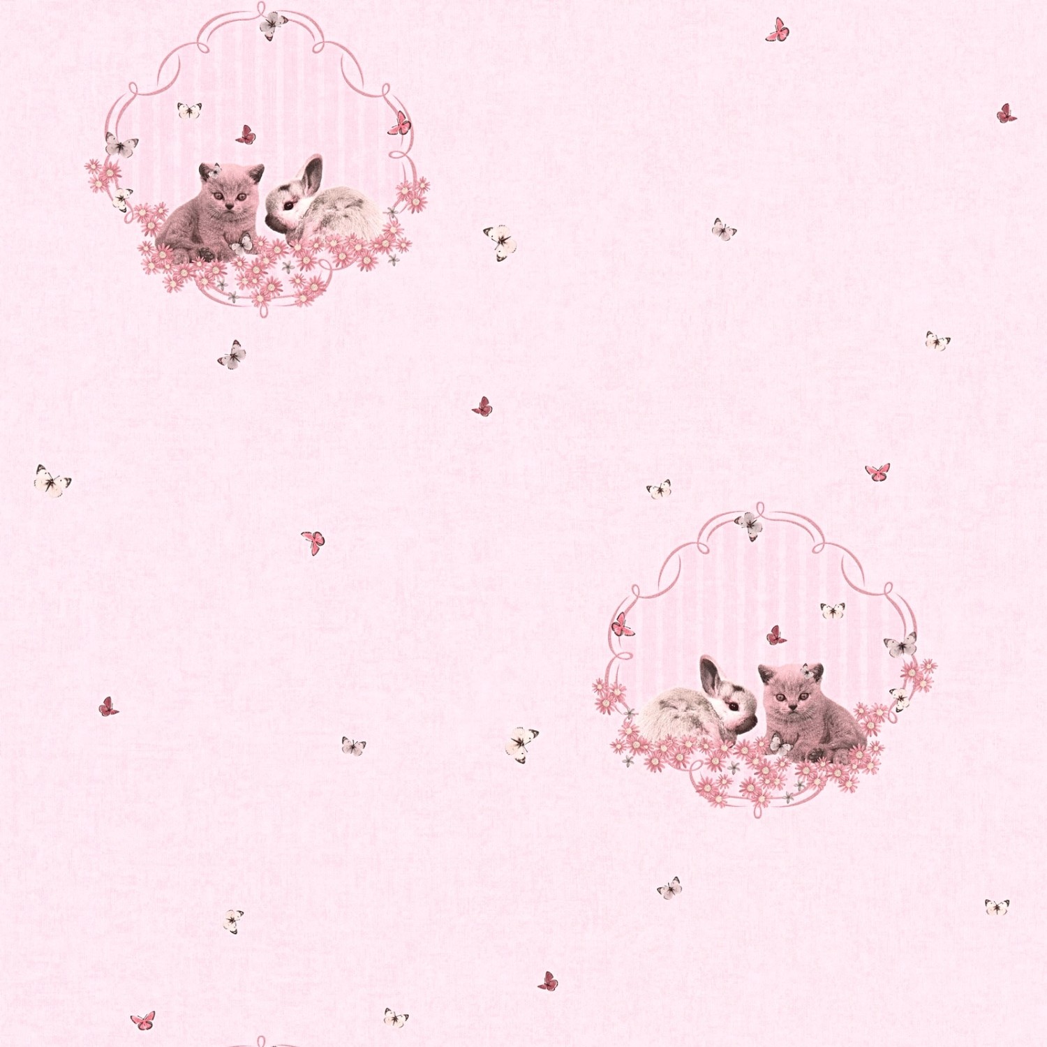 Bricoflor Tier Tapete in Rosa Mädchentapete mit Katzen und Hasen für Kinderzimmer Schmetterling Vliestapete Ideal für Mä