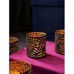 Schwarzer Teelichthalter Dark Wonder mit goldenen Blättern, Ø 13 cm, für stimmungsvolles Licht.