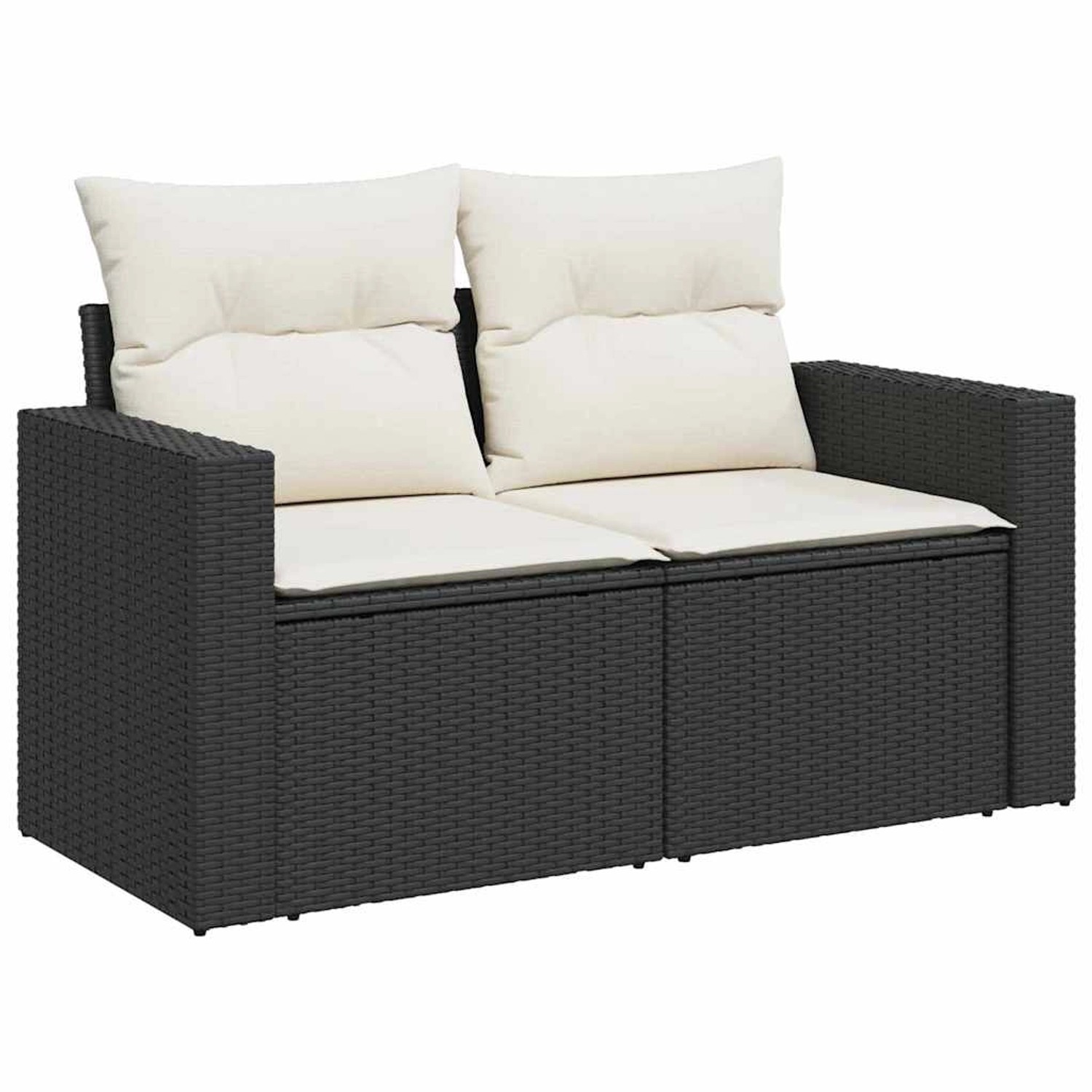 Schwarzes 9-teiliges Garten-Sofa-Set aus Polyrattan mit hellen Kissen.