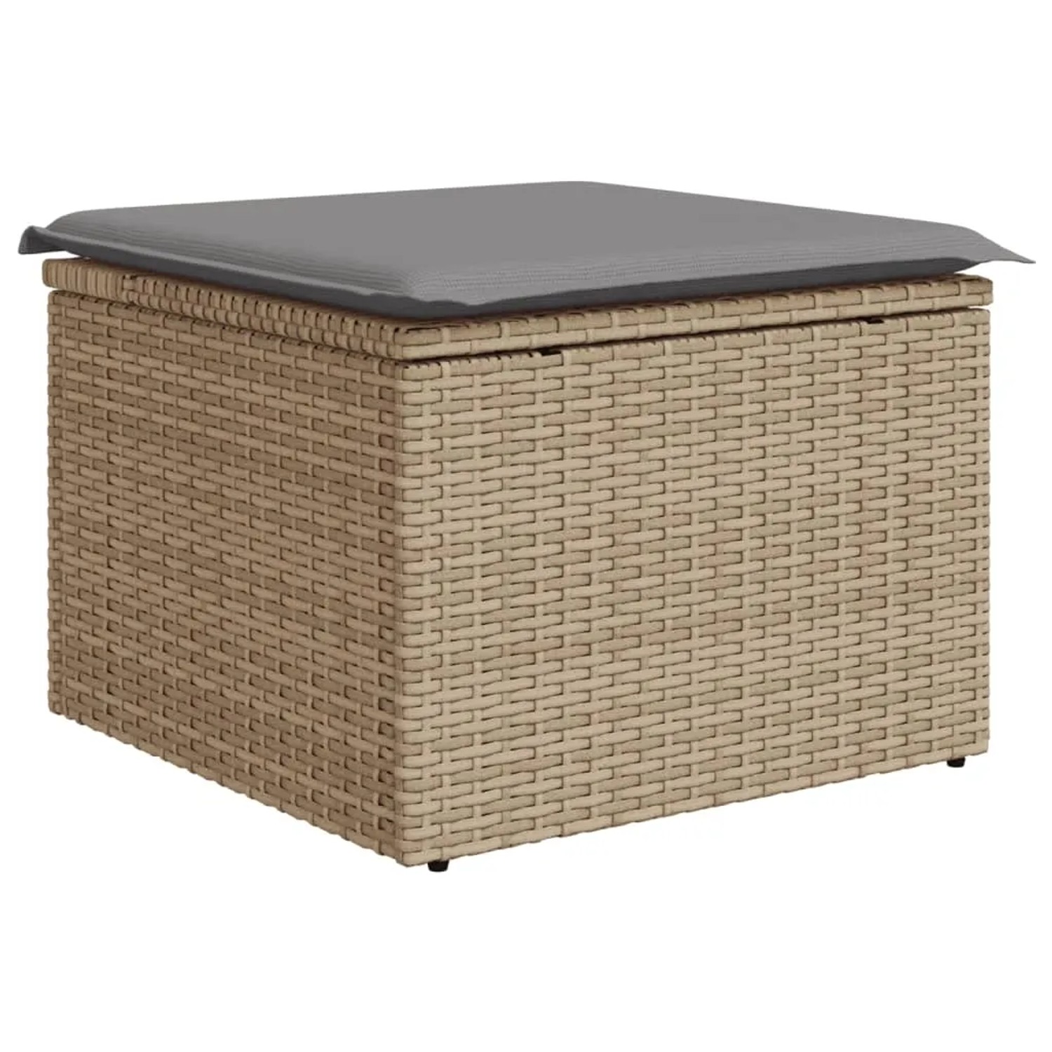 Beiger Poly Rattan Fußhocker mit grauem Kissen, Teil der vidaXL Garten-Sofagarnitur.