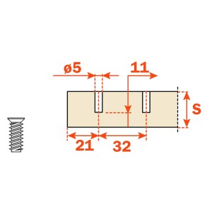 Technische Zeichnung der Salice Blitz Montageplatte mit Euroschraube. Zeigt Maße für Bohrung Ø5x11mm und H2 Exzenterverstellung.