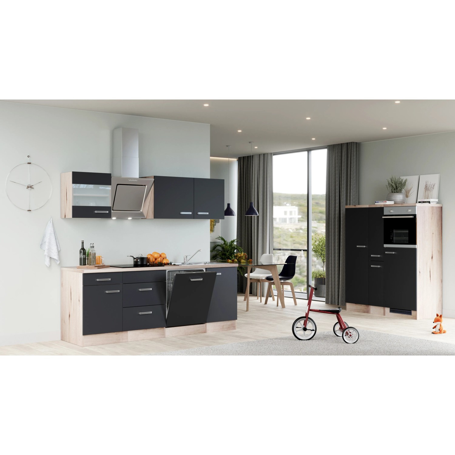 Flex-Well Exclusiv Küchenzeile Lara, 360 cm, Anthrazit/San Remo Eiche, mit E-Geräten.