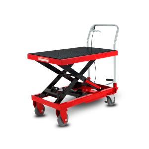 EBERTH hydraulischer Hubtisch mit rotem Gestell, schwarzer Antirutschmatte und Lenkrollen.