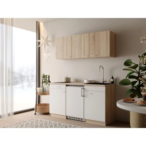 Respekta Ingrid Singleküche 150 cm: weiße Fronten, Eiche-Arbeitsplatte, Glaskeramikkochfeld, schwarze Spüle, Kühlschrank. Kompakt & modern.