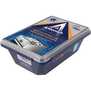 Astonish Backofen- und Herdreiniger im blauen Behälter mit transparentem Deckel.