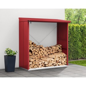 EcoStar Kaminholzregal Elegant-V Typ 2, purpurrot, aus Metall, gefüllt mit Holz.