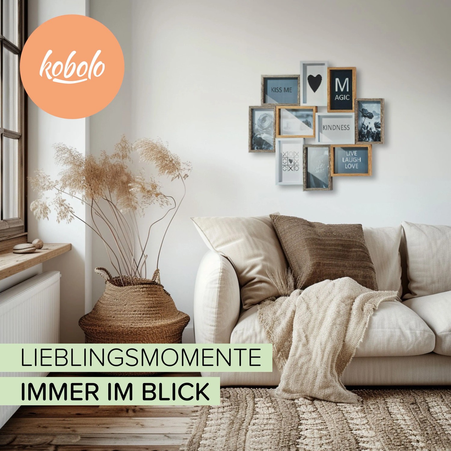 Kobolo Bilderrahmen Collage HEART, Holz weiß/natur, 10 Bilder, 59x47 cm, an Wohnzimmerwand über Sofa.