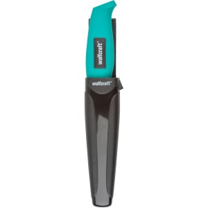 Wolfcraft Outdoormesser mit gezahnter Klinge im Köcher. Messer mit ergonomischem Griff und Gürtelbefestigung.