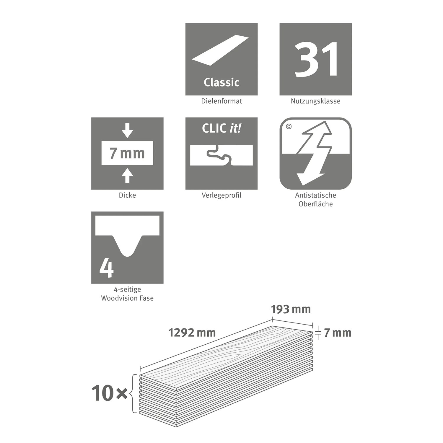 Technische Daten des Egger Laminatbodens EL1012 NatureSense Alexandria Pinie: Dielenformat, Stärke, Klicksystem.