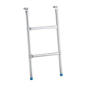 Silberne Trampolinleiter aus Stahl mit 2 Sprossen und Einhängehaken. Erleichtert den Einstieg ins Gartentrampolin.