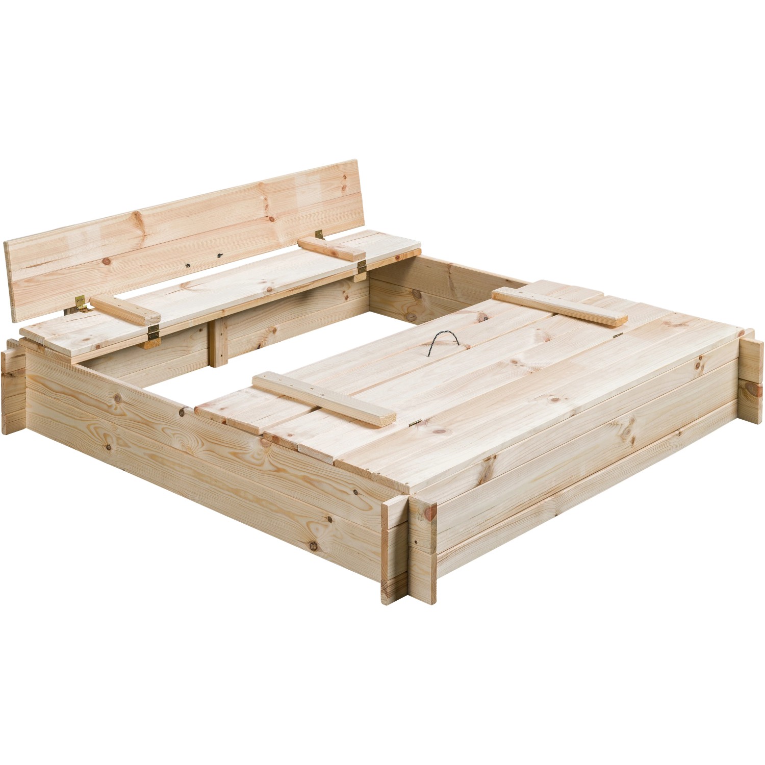SwingKing Sandkasten Gucio, 120x120 cm, unbehandelt mit integrierter Abdeckung als Sitzbank.