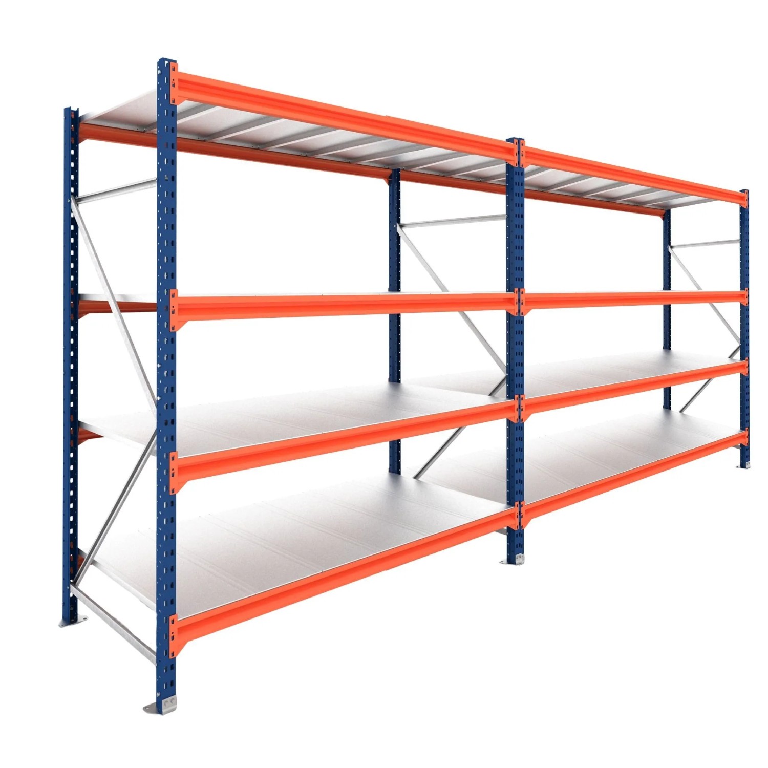 PROREGAL Weitspannregal Schwerlastregal DOMINUS Komplettregal 2 Felder 250x300x40cm 4 Ebenen Stahlplatten-Fachboden Fachlast 500 kg Blau/Orange