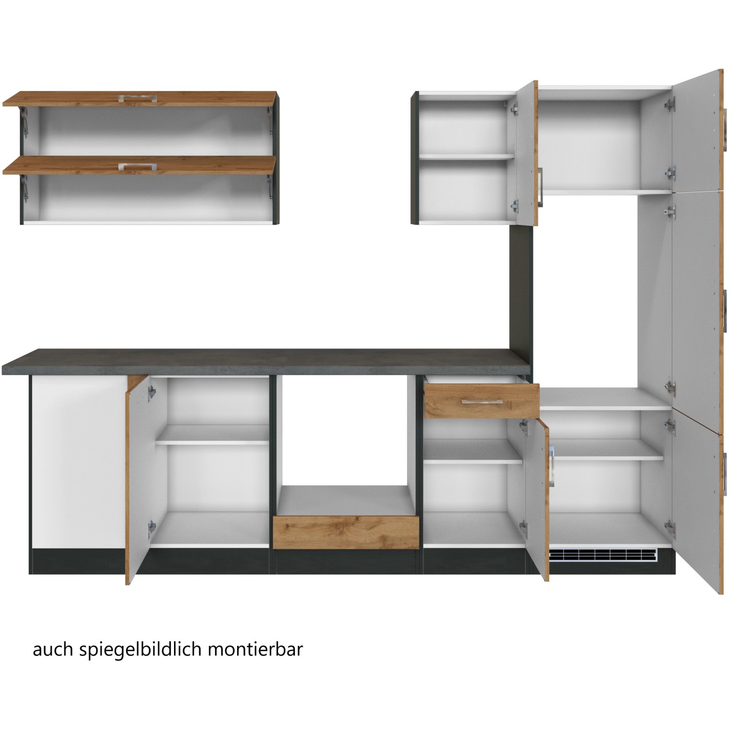 Held Möbel Küchenzeile Sorrento, 210/270 cm, Wotaneiche-Grafit, ohne E-Geräte, Winkelküche mit offenen Türen.