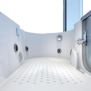 Innenansicht AcquaVapore Seniorendusche mit Whirlpool, weiße Acrylwanne mit Tür und Massagedüsen.