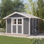 Grosfillex Kunststoff-Gartenhaus Deco H 7.5 in Dunkelgrau mit Doppeltür und Fahrrad im Garten.