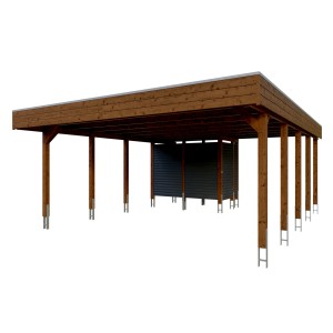 Skan Holz Carport Friesland Hybrid Nussbaum, 557x708cm, mit Abstellraum und Aluminiumdach.