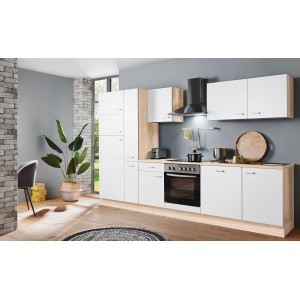 Menke Küchenzeile Classic 310 cm in Weiß und Sonoma Eiche Nachbildung mit E-Geräten.