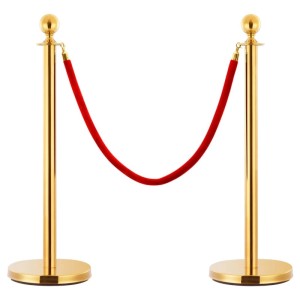 Goldener VIP Abgrenzungsständer aus Edelstahl mit rotem Samtseil. Absperrpfosten für Personenleitsystem bei Events.