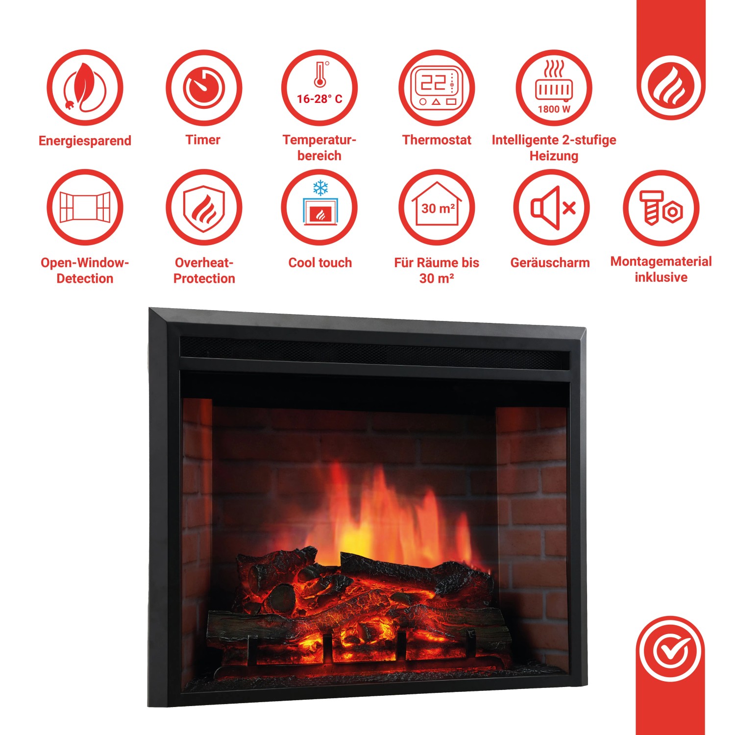 Kaminio Elektrokamin Luca mit 3D-Flamme, Einbaukamin mit Heizung und 9 Flammen.