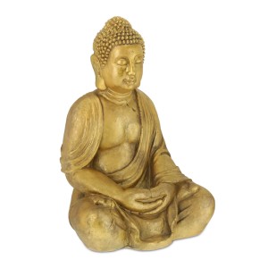Goldene Buddha Figur aus Polyresin, sitzend in Meditation. Wetterfeste Dekofigur für Garten, Terrasse oder Wohnzimmer.