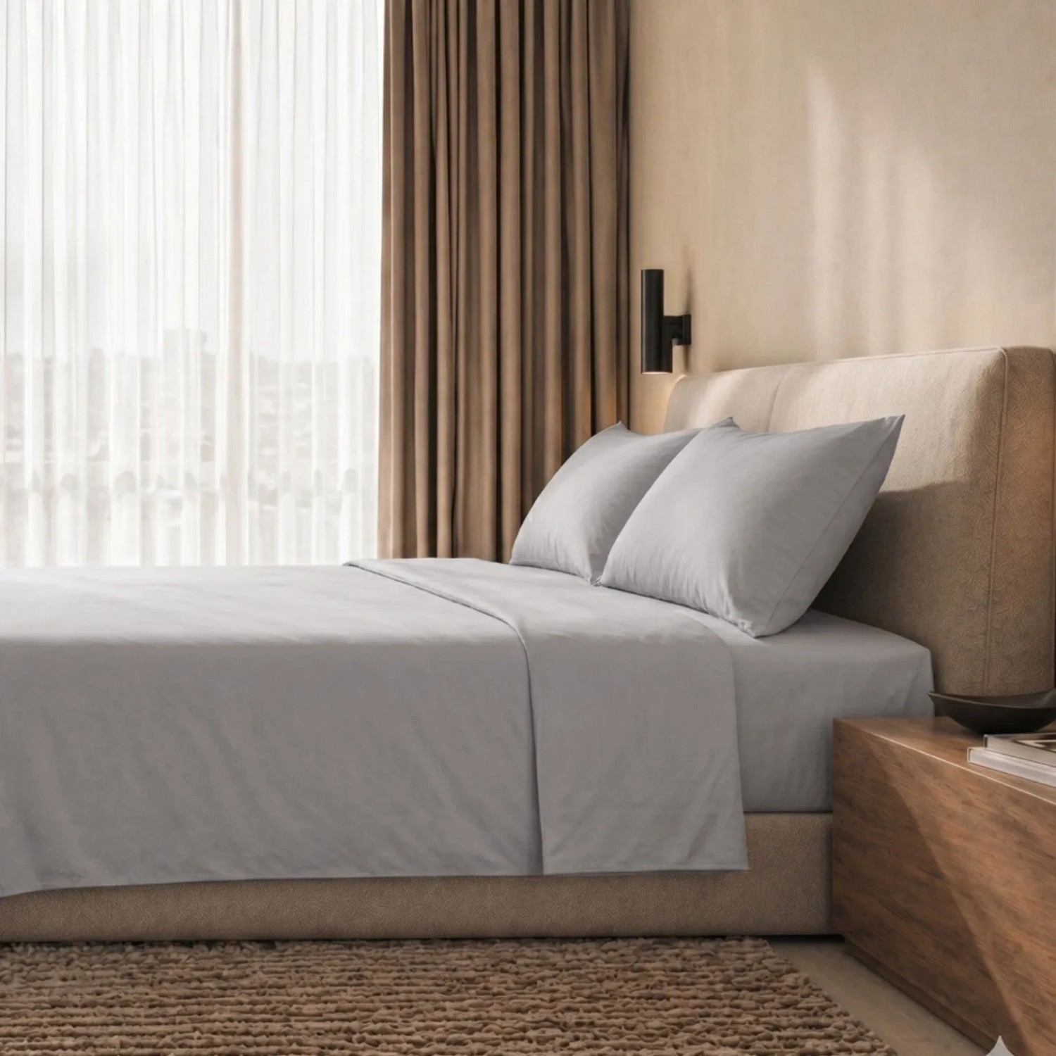 Hellgraues Baumwoll-Perkal Bettwäsche-Set auf einem modernen Bett mit Kissen und Kopfteil; 120 cm.