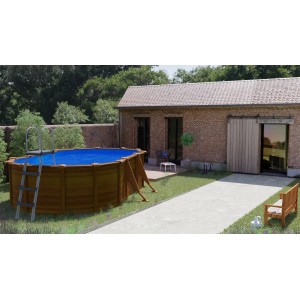 Ovaler Gre Pool Sicilia mit Holzoptik, 500x300x120 cm, inklusive Leiter im Garten.
