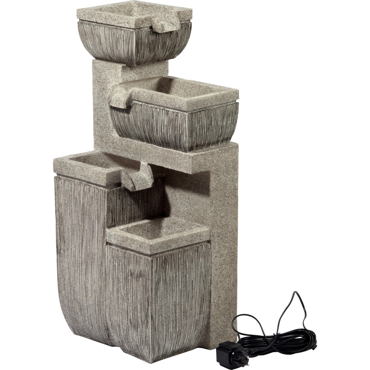Großer, grauer Design-Gartenbrunnen mit 4 Stufen und LED-Beleuchtung aus Polyresin.