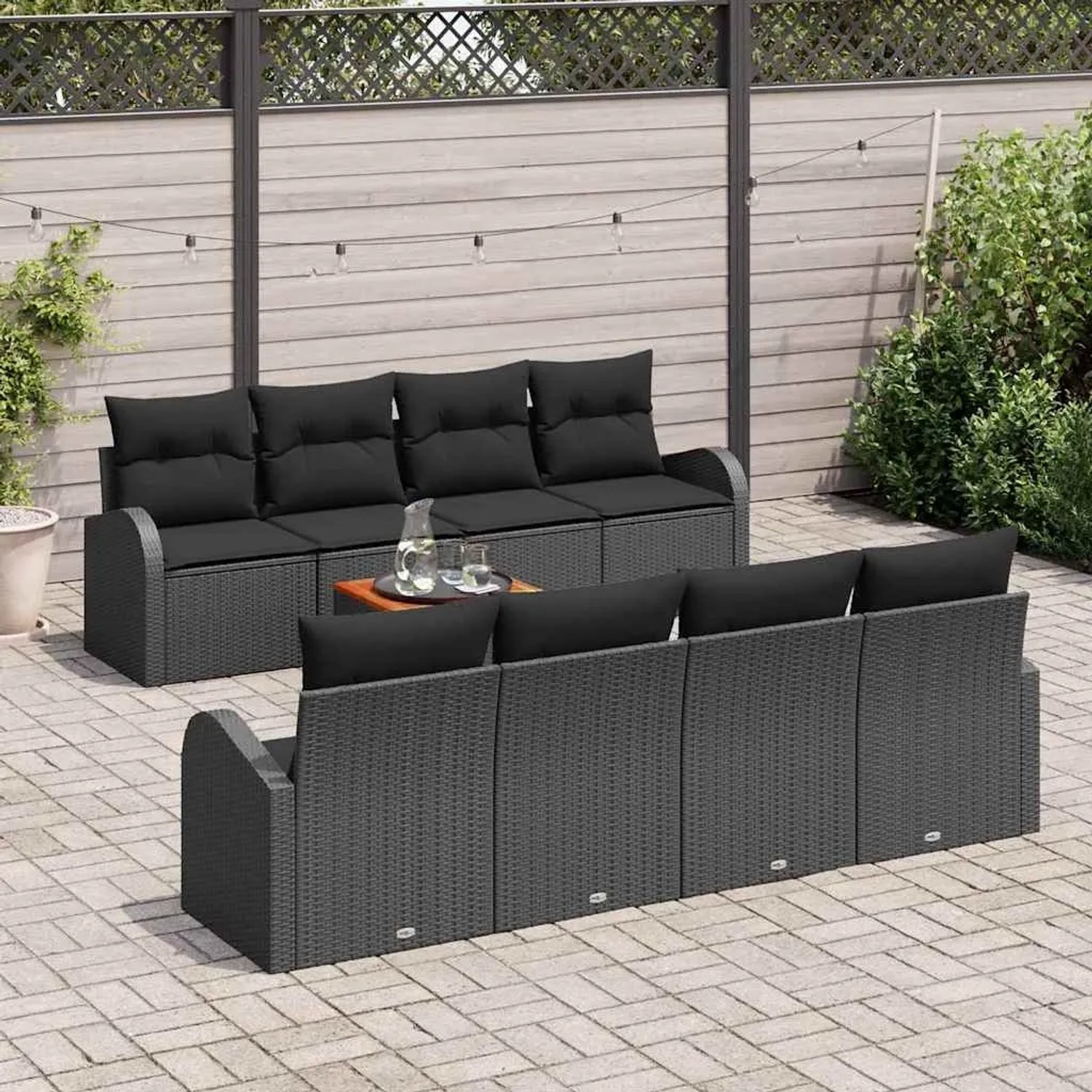Schwarzes 9-teiliges vidaXL Garten-Sofa-Set aus Polyrattan mit Tisch für Garten oder Terrasse.