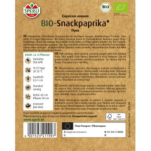 Samenpackung Sperli Bio Snackpaprika mit orangen Paprikafrüchten und Bio-Siegel.
