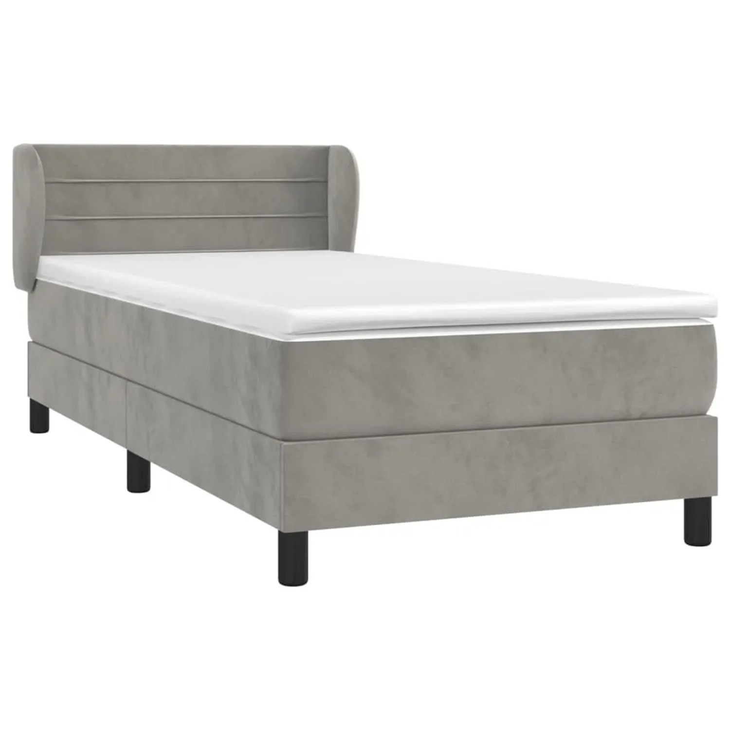 Hellgraues Boxspringbett 80x200 cm mit Samtbezug, inklusive Matratze und Topper.