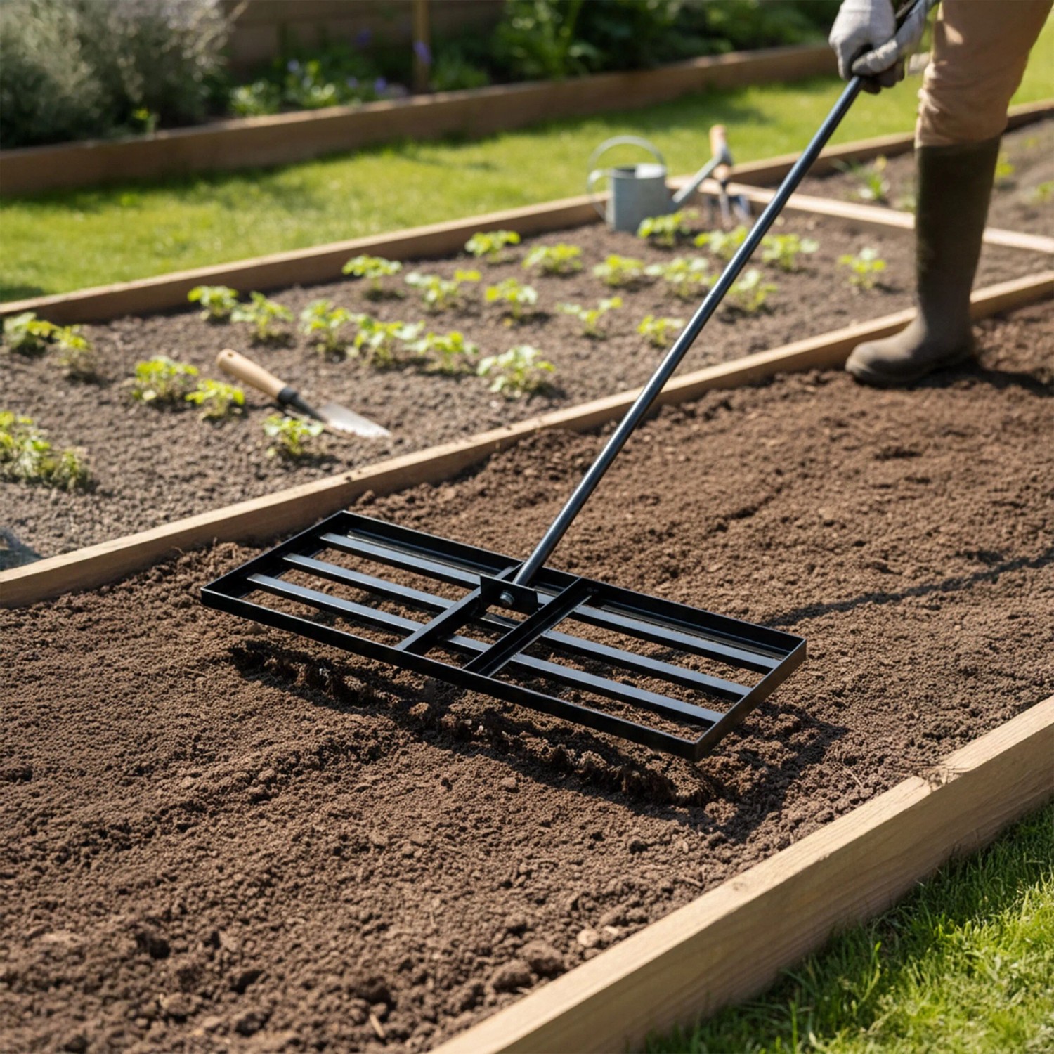 Schwarzer Relaxdays Rasenrakel aus Stahl mit langem Stiel, wird zum Ebnen von Erde in einem Gartenbeet genutzt.