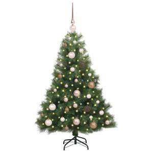 Grüner künstlicher Weihnachtsbaum, 120 cm, mit 150 warmweißen LEDs, rosa/goldenen Kugeln und Spitze auf schwarzem Ständer.