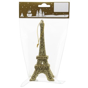 Goldener Deko-Eifelturm aus Kunststoff zum Aufhängen, 15cm hoch, Weihnachtsbaumschmuck.