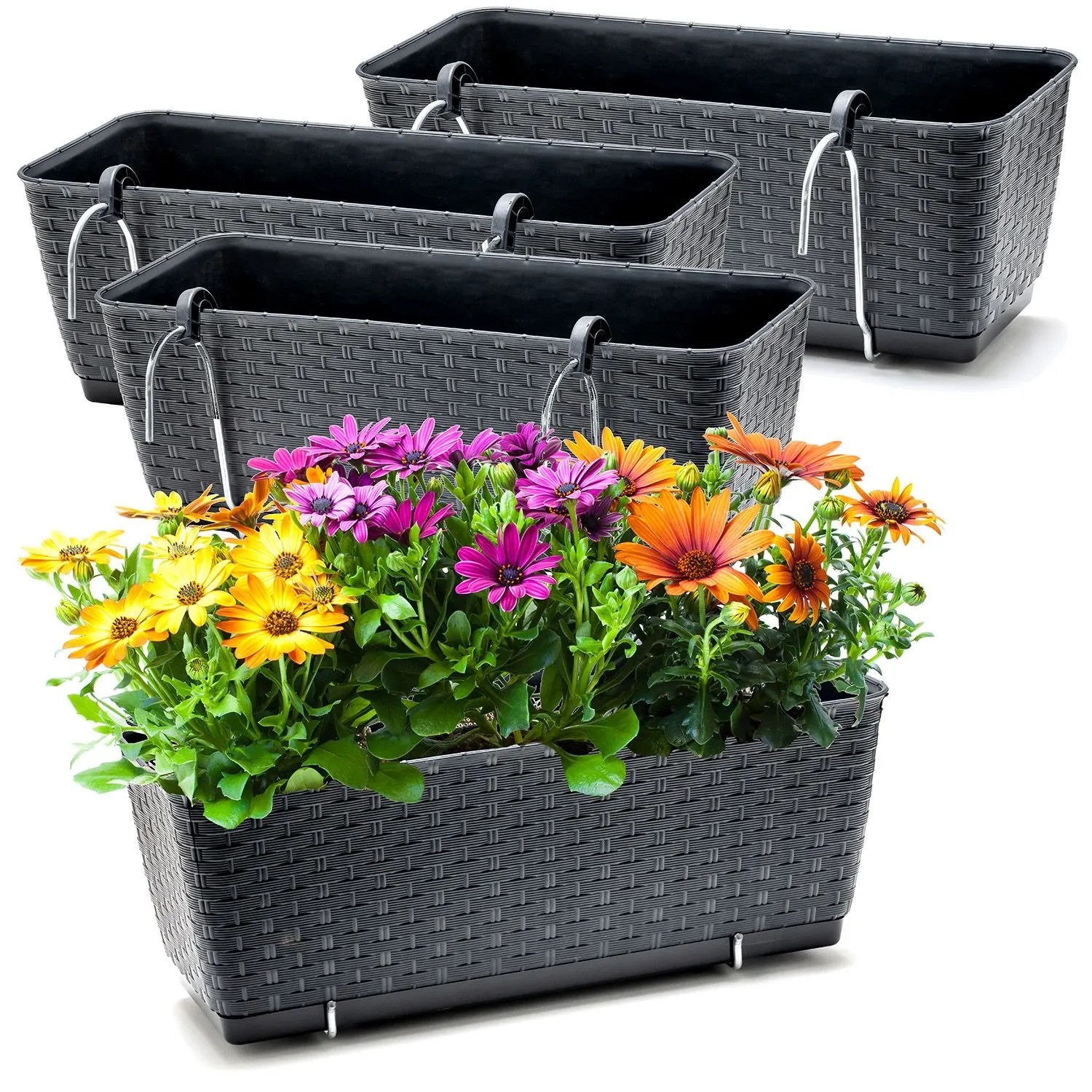 BigDean 4er Set Blumenkästen für Balkon-Geländer Rattan Optik Anthrazit Balkonkästen mit Metall Halterung und Bewässerungssystem_2