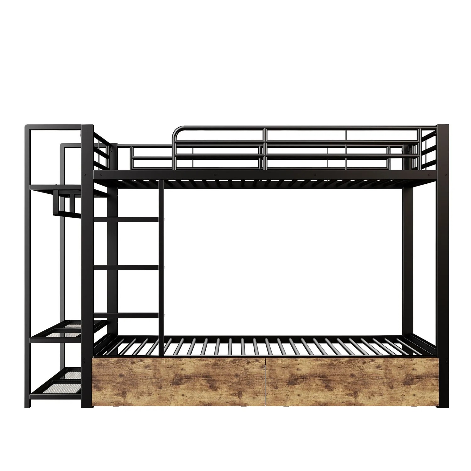 okwish Etagenbett 90x200cm mit LED und Kleiderstange 2 Schubladen Schwarz ohne Matratze