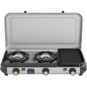 Campingaz Gaskocher Camping Kitchen 2 Multi Cook mit zwei Kochfeldern und Grillplatte.