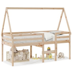 Hochbett mit Dach, 80x200 cm, Kiefer Massivholz. Kinderbett mit Leiter und Rausfallschutz.