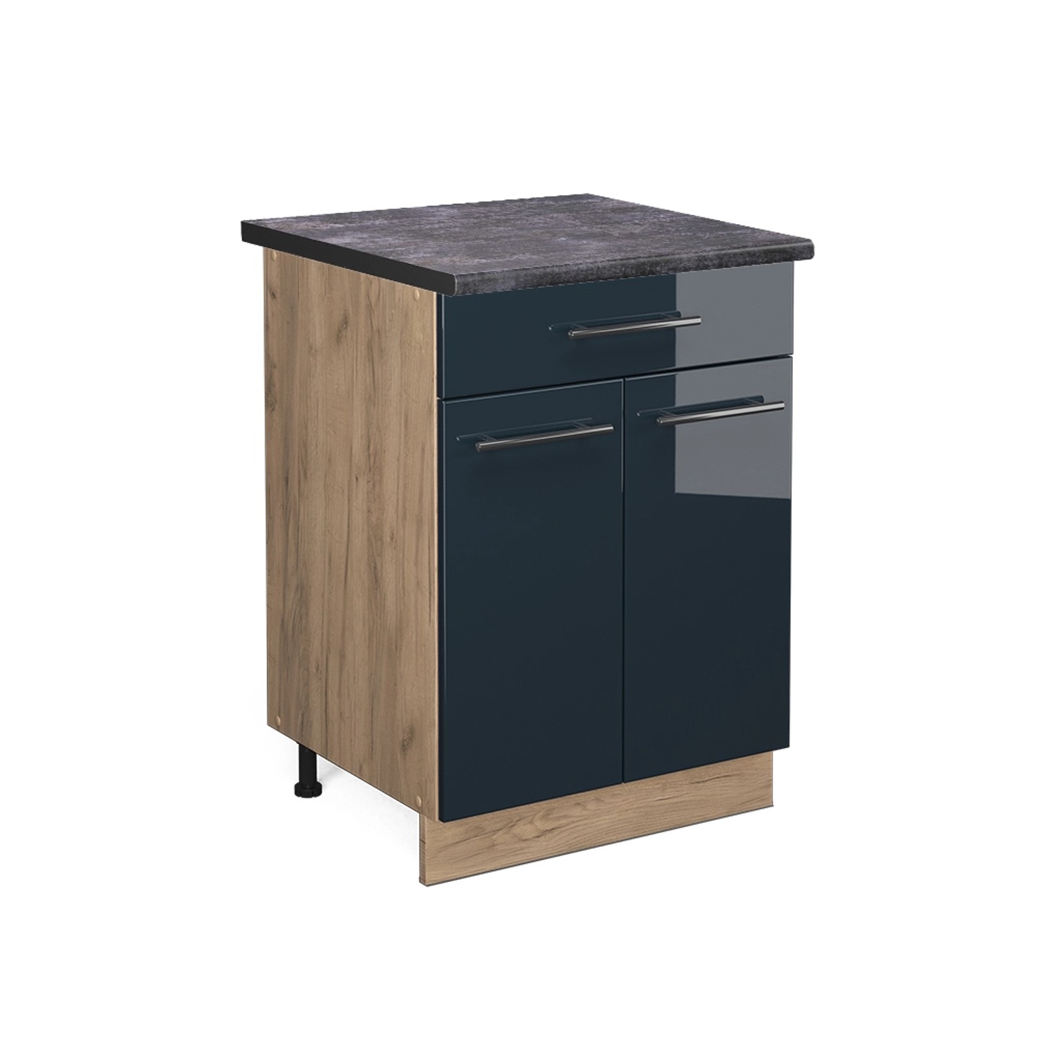 Vicco Küchenunterschrank Fame-Line Dunkelblau Hochglanz/Goldkraft Eiche 60 cm mit Schublade AP Anthrazit