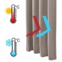 Sandfarbener Thermovorhang mit Ösen, der Wärme und Kälte isoliert. Grafiken zeigen Temperaturregulierung für Fenstervorhänge.