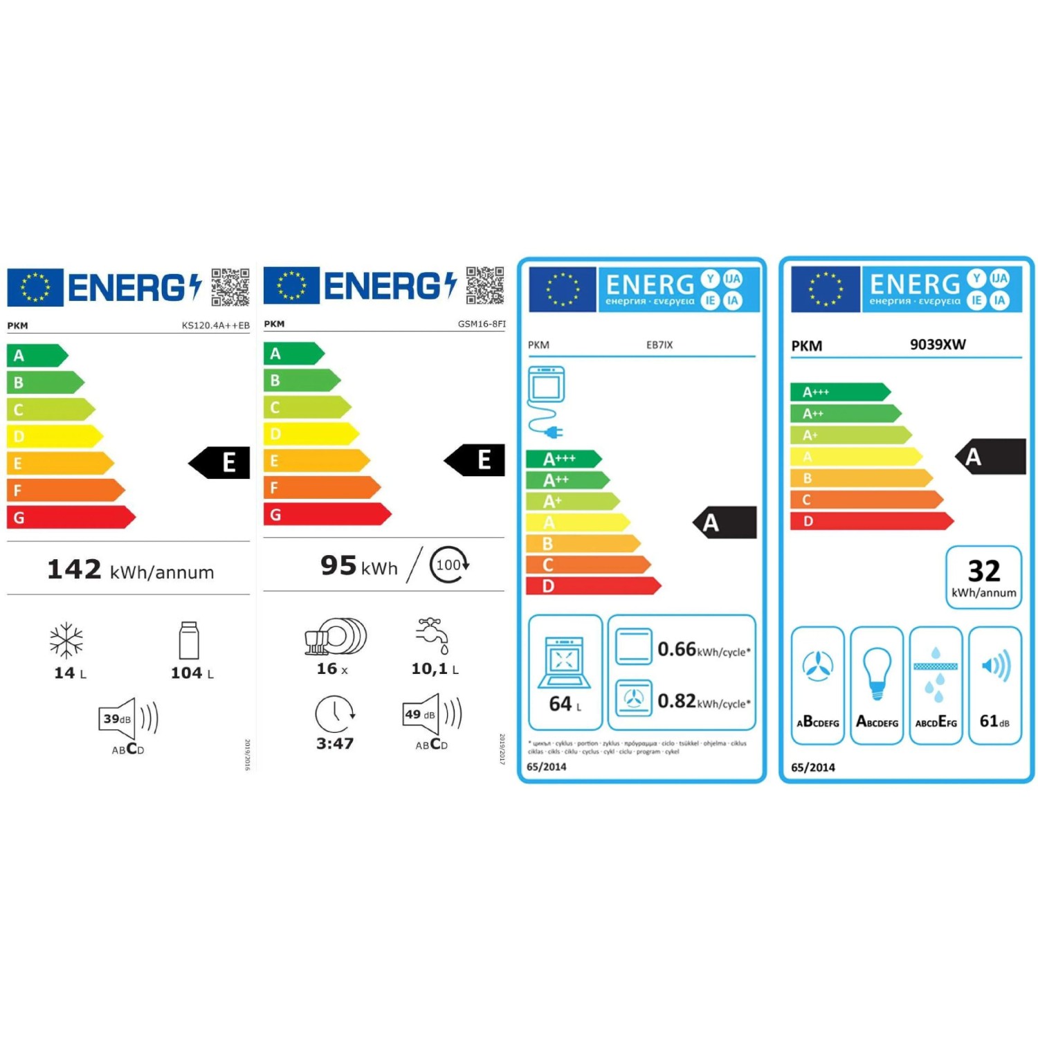 Energieeffizienzlabel für Flex-Well Exclusiv Küchenzeile Geräte: Kühlschrank, Geschirrspüler, Backofen, Dunstabzugshaube.